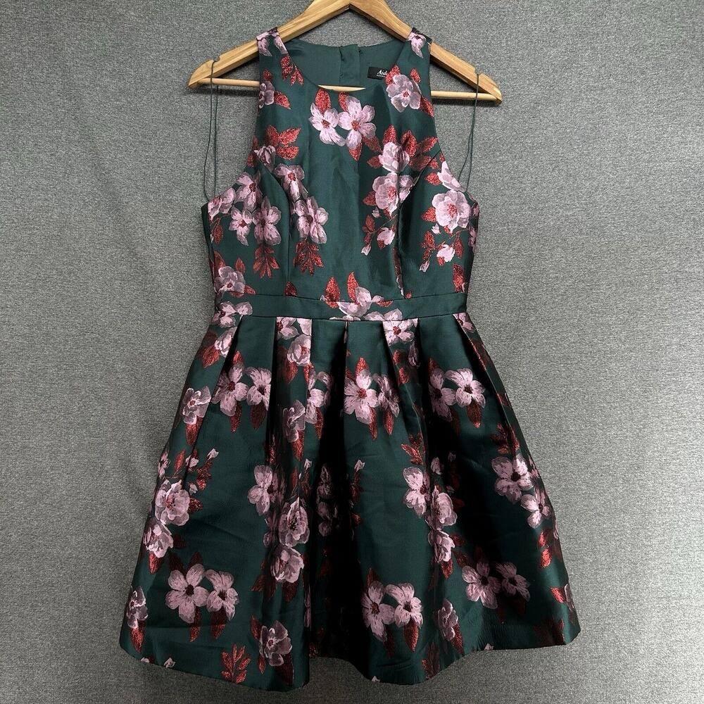 Aidan Mattox Small Royal Green Metallic Floral Cocktail Dress Sleeveless Mini